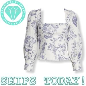 REFORMATION Stilton Top Carla Floral Blue Toile de Jouy Puff Sleeve Bridgerton